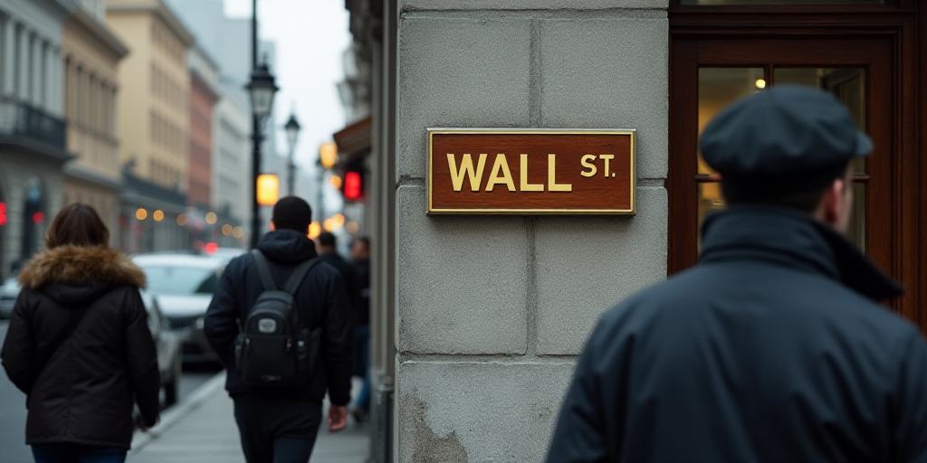 a group of people walking past a wall street sign on a building with a gold lettering on it's side,