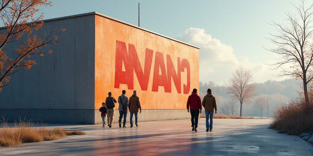 a group of people walking past a building with a logo on it's side and a person in a red jacket, Bou