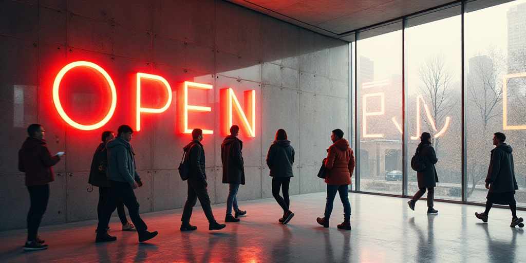 a group of people walking past a sign that says open ai and a logo that says obeuty, Amédée Ozenfa