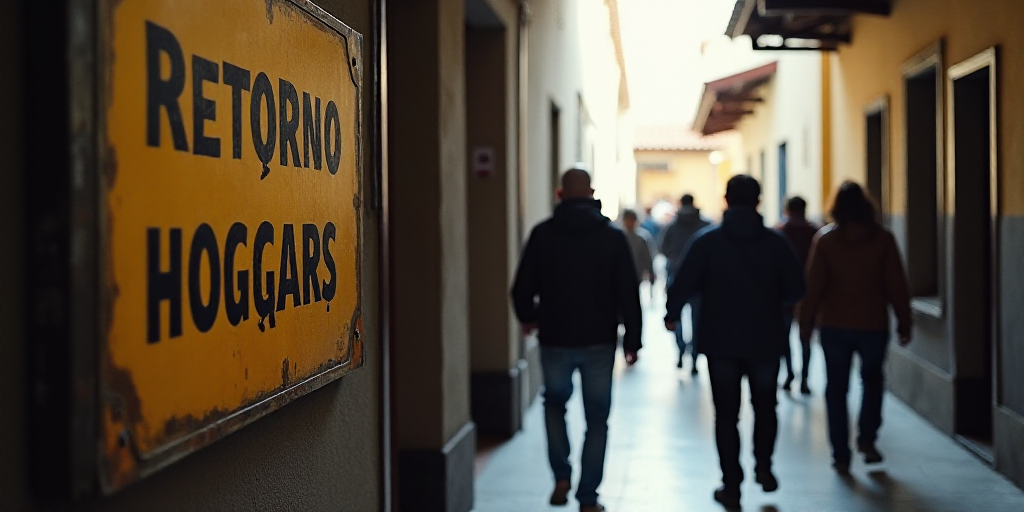 a group of people walking through a building next to a sign that says retorno hoggars, Federico Urib
