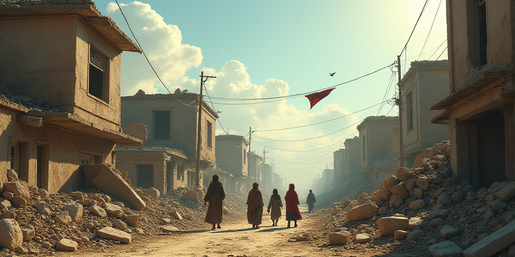 a group of people walking through a rubble covered street with buildings in the background and a kit