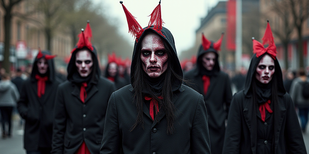 a group of people with painted faces and costumes on walking down a street with flags and masks on t