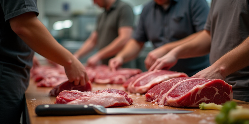 a group of people working in a kitchen preparing meats for sale on a table with a butcher knife, And
