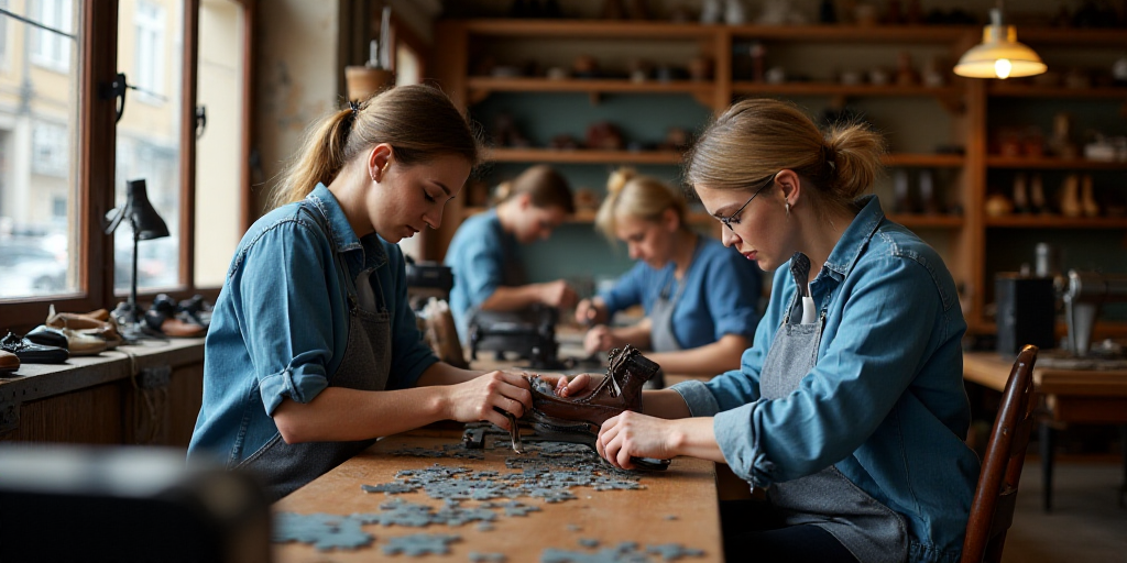 a group of people working on shoes in a shoe shop with a woman in blue shirt and another woman in bl