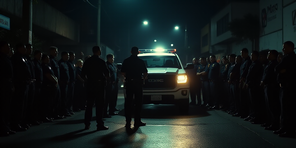 a group of police standing around a white truck in the street at night time with a police officer st