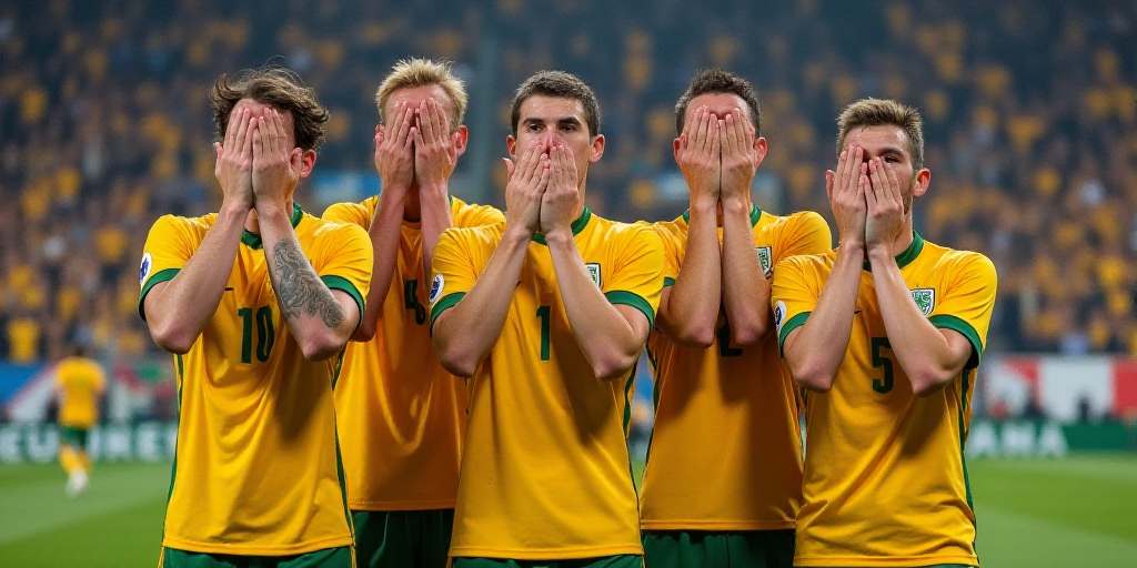 a group of soccer players are celebrating a goal with their hands in the air and their faces obscure
