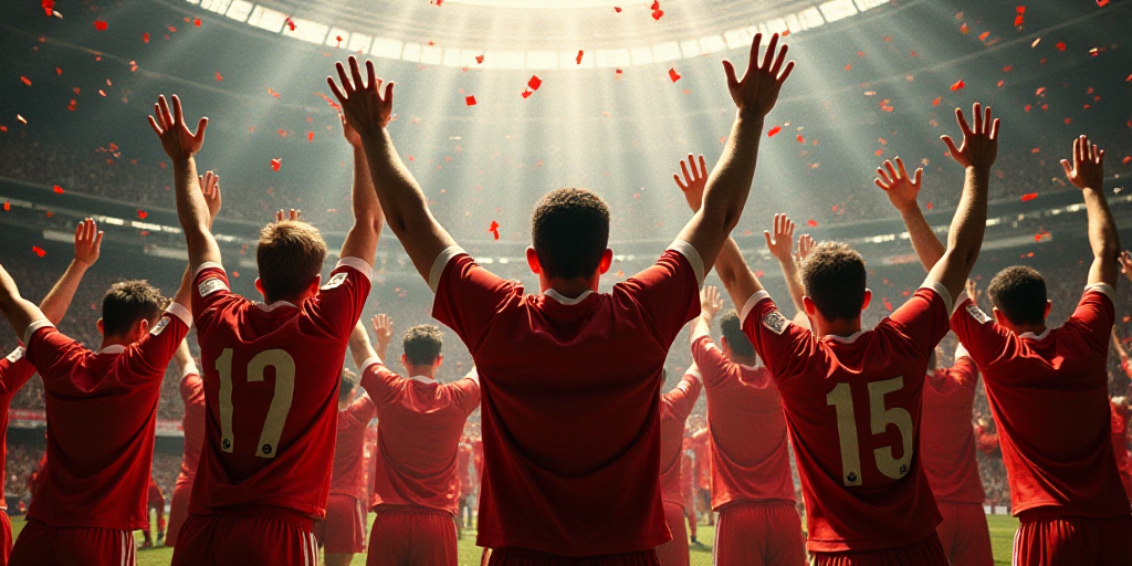 a group of soccer players holding up their hands in the air and confetti falling from the air, Beta