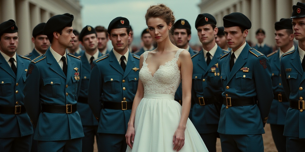 a group of soldiers standing around a woman in a white dress and a man in a blue shirt and a man in