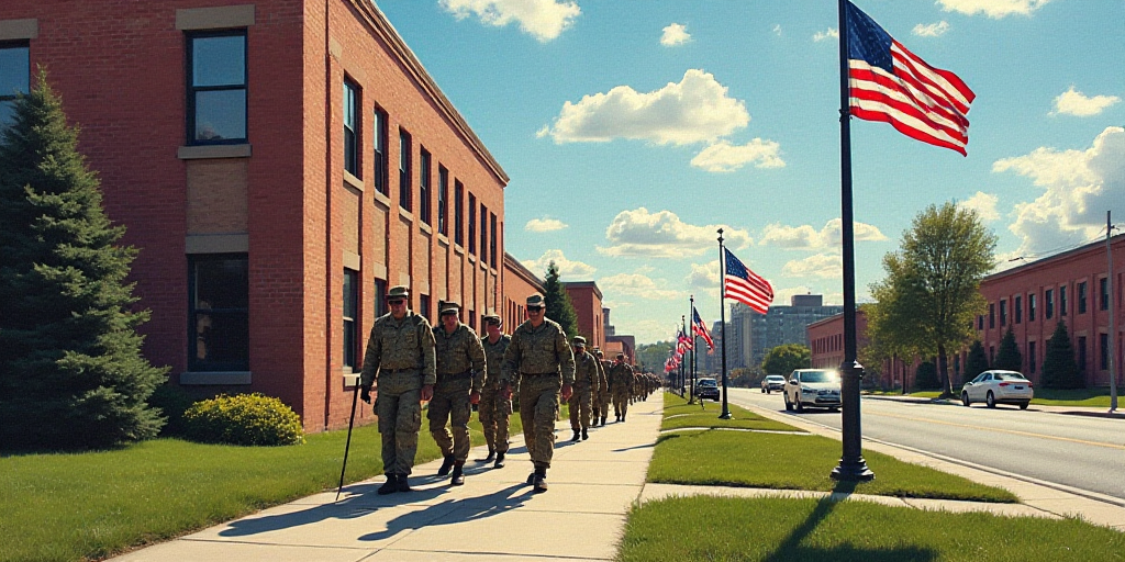 a group of soldiers walking down a sidewalk next to a flag pole and a building with a flag on it, Ar