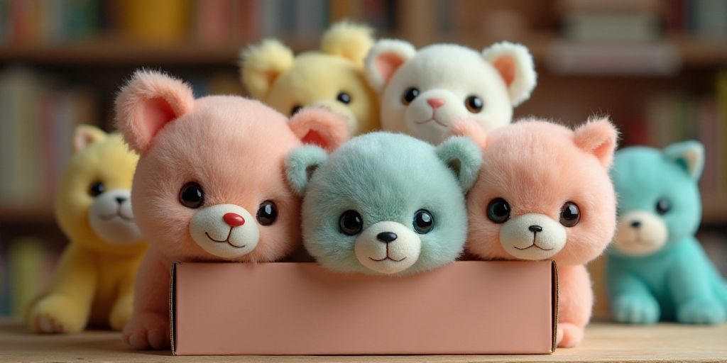 a group of stuffed animals sitting in a box together on a table with other stuffed animals in the ba