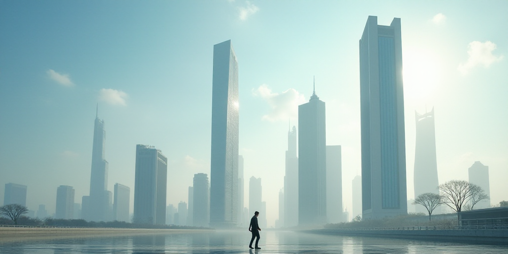 a group of tall buildings with a sky background and a person walking in the foreground of the photo,