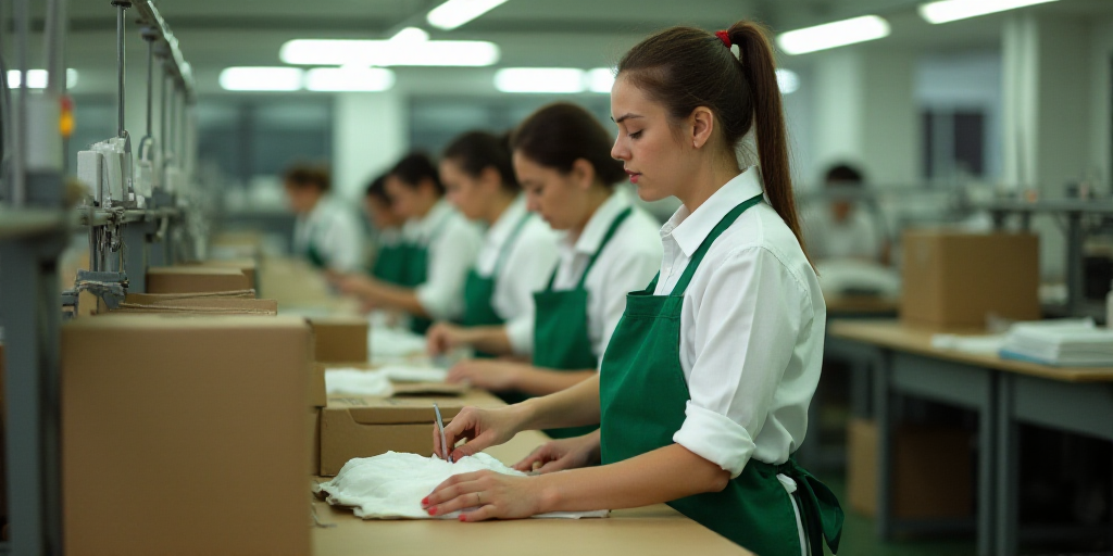 a group of women in white shirts and green aprons working in a factory with boxes on the floor, De H