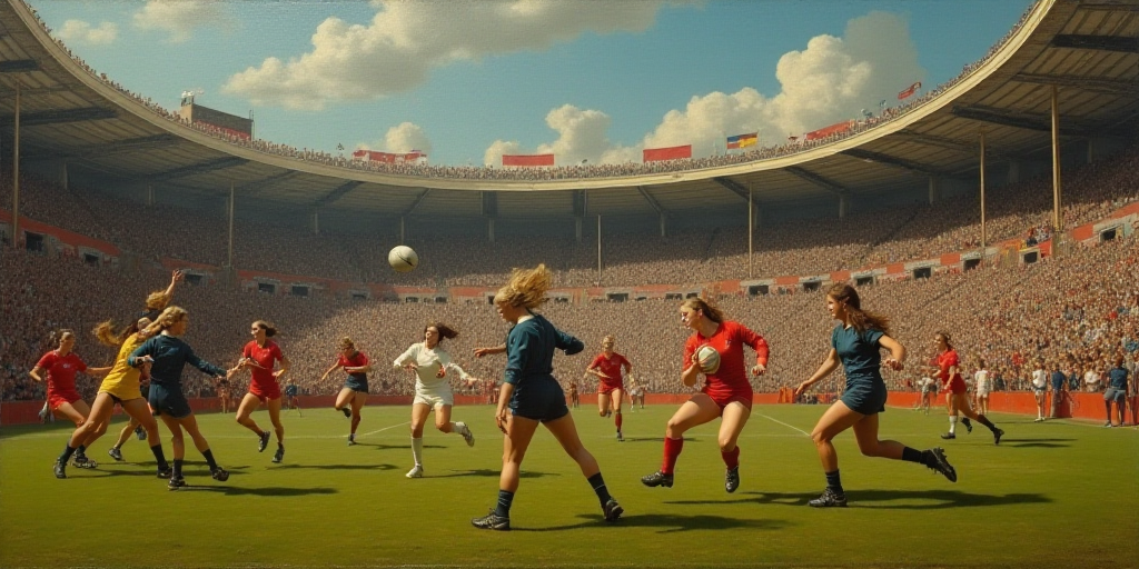 a group of women playing a game of rugby on a field with a crowd watching them from the stands, Caro