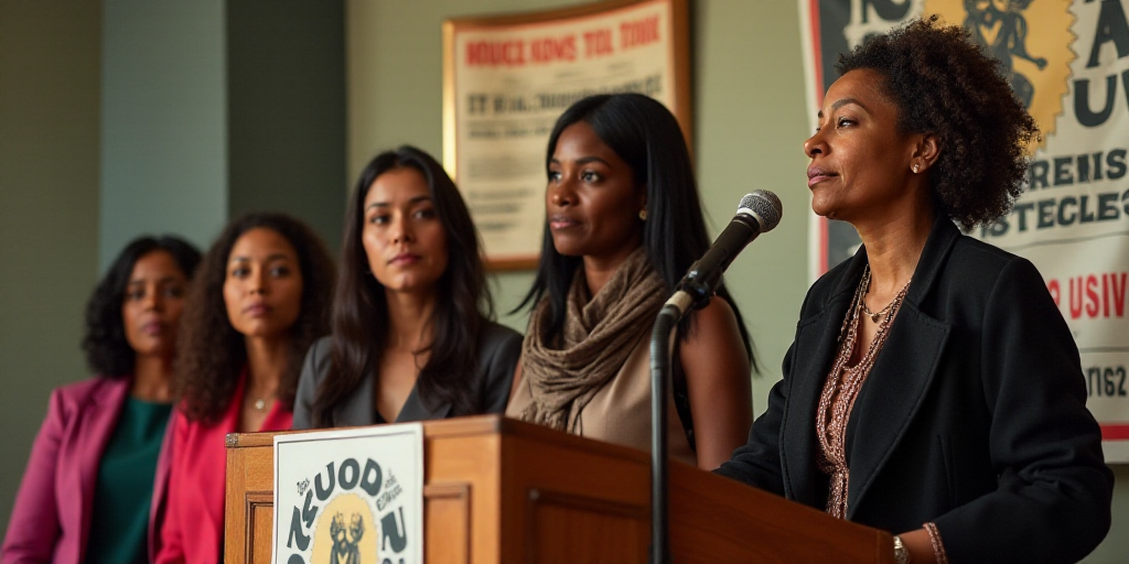 a group of women standing next to each other at a podium with a poster behind them on a wall, Aracel
