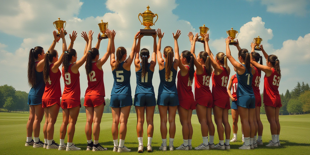 a group of women's lacrosse players holding up their trophy cups in the air while standing on a fiel