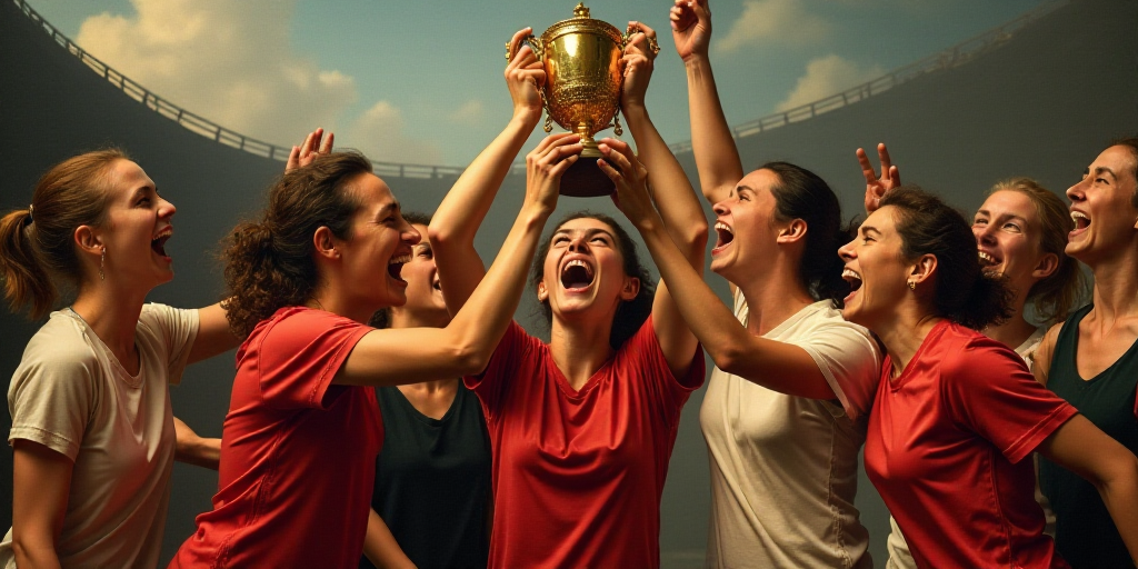 a group of women's soccer players holding a trophy and celebrating with their hands in the air and t