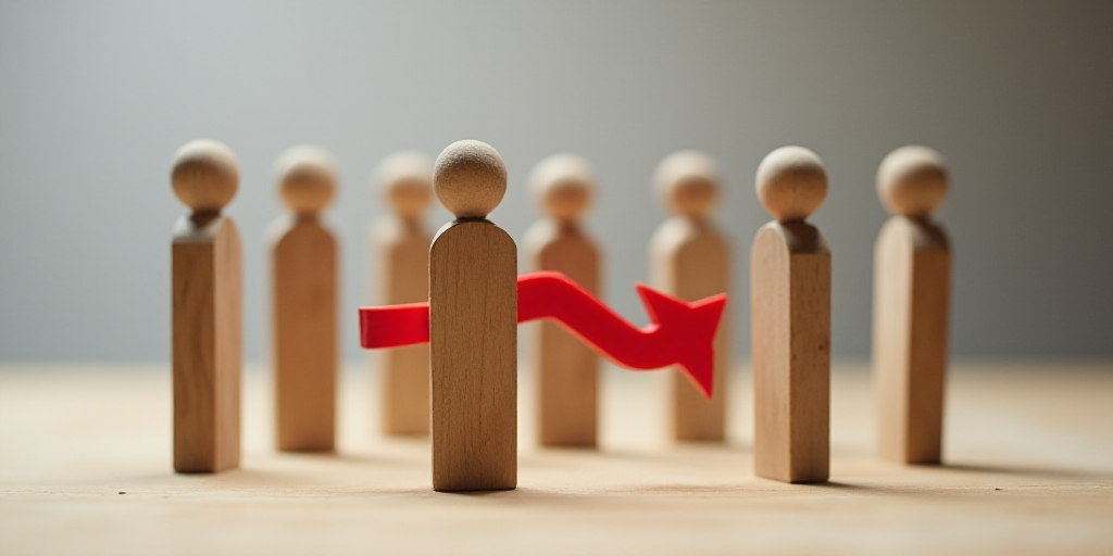 a group of wooden people with a red arrow in the middle of them, standing in a row on a table, David