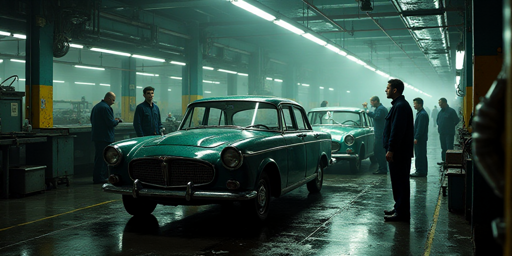 a group of workers working on a car in a factory or assembly line with a car being worked on, Évari