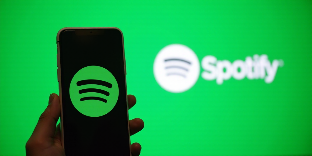 a hand holding a cell phone in front of a spotify sign with a green background and spotify logo, Ai-