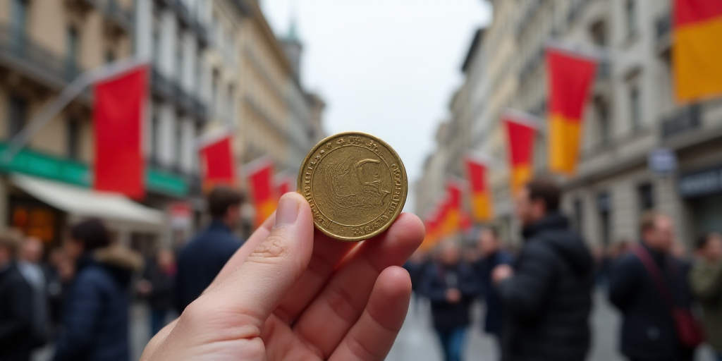a hand holding a coin in front of a group of people in a city with flags and signs above them, Cefer