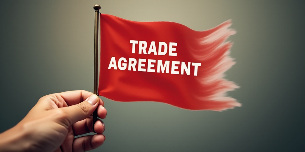 a hand holding a red and white flag with the word trade agreement on it and a red and white flag wit