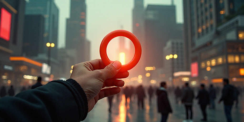 a hand is holding a button with a lot of people in the background and a city with tall buildings, Ed
