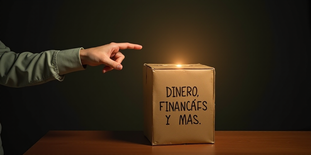 a hand pointing at a box with a light coming out of it and the words, dinero, finanzas y mas, El Gre