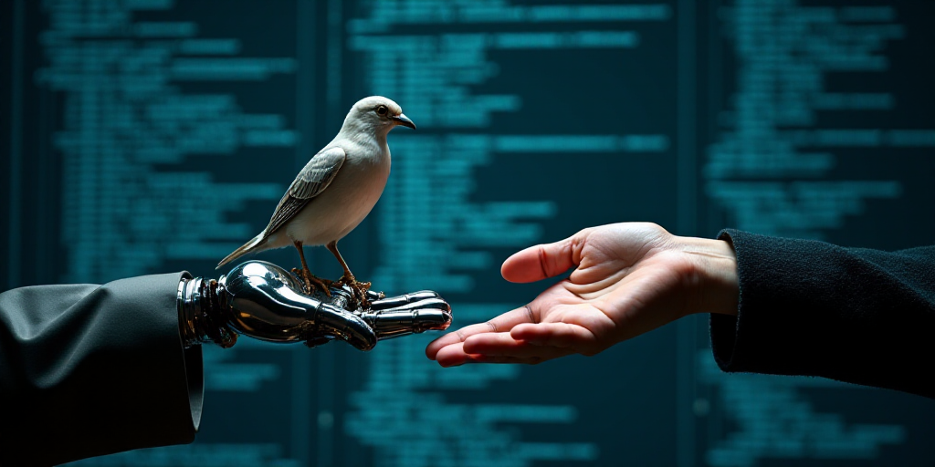 a hand shaking another hand with a bird on top of it, in front of a computer screen with a backgroun