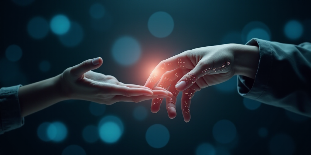 a hand touching another hand with a glowing light coming out of it's palm, with a digital background