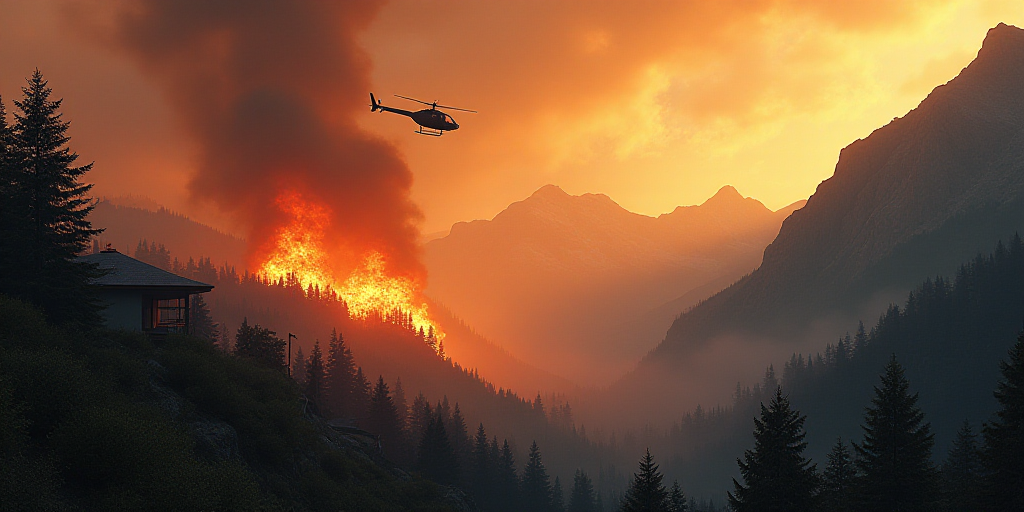 a helicopter flying over a fire burning in the mountains behind a house and a mountain side with hou
