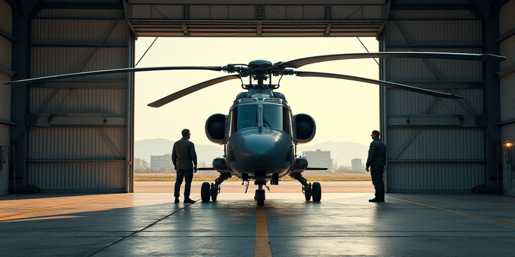 a helicopter is parked inside of a hangar with a man standing next to it and another man standing ne