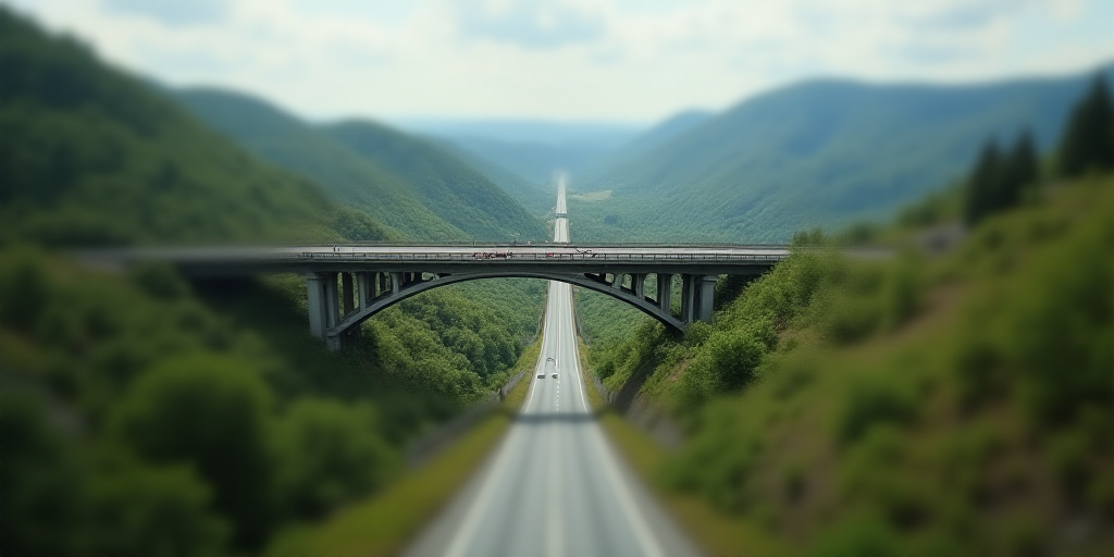 a highway that is going through a valley with a bridge in the middle of it and a road going through