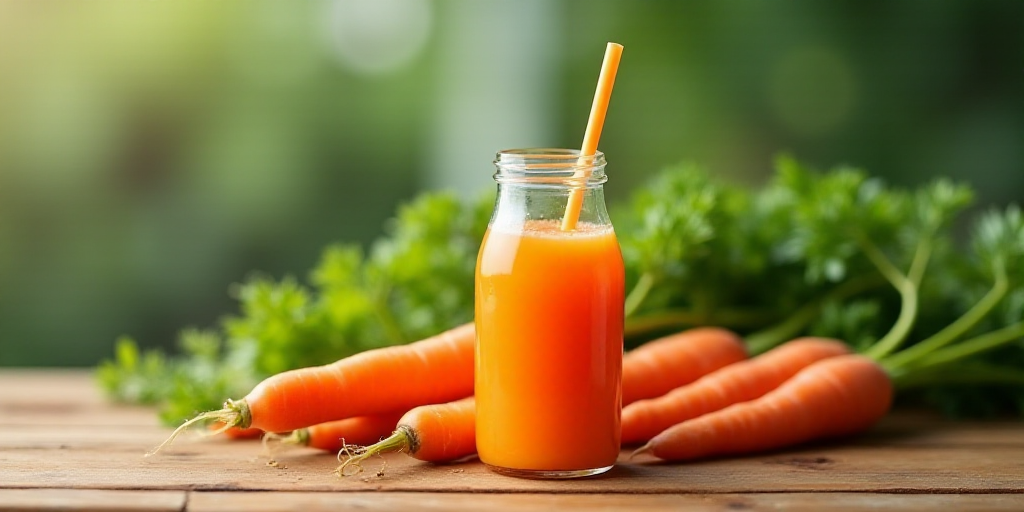 a jar of carrot juice next to a bunch of carrots and green leaves on a table with a straw, Évariste