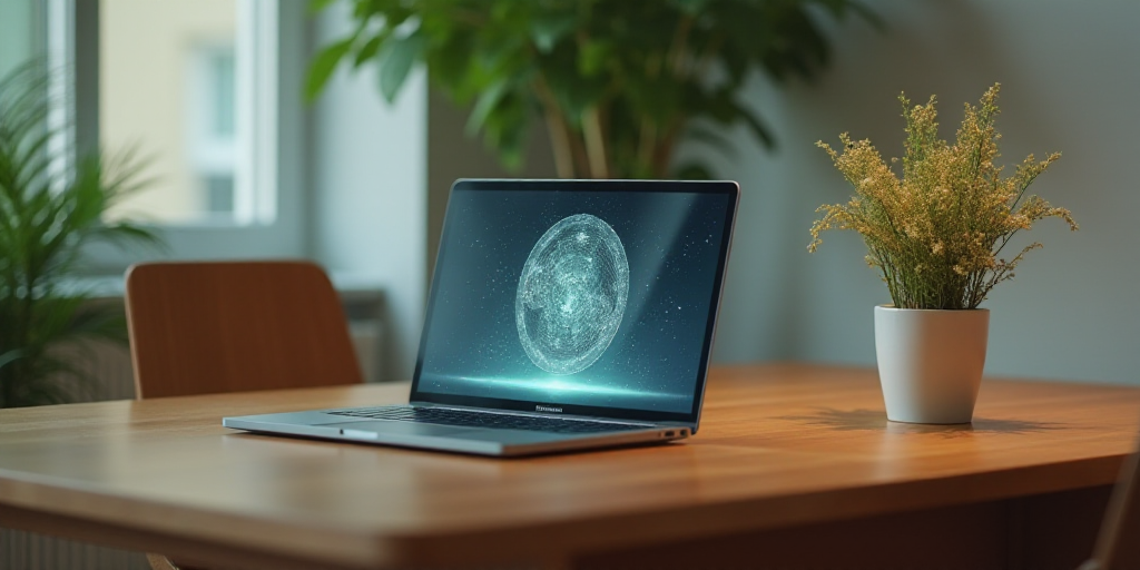 a laptop computer sitting on top of a wooden table next to a chair and a plant in a vase, Ceferí Ol