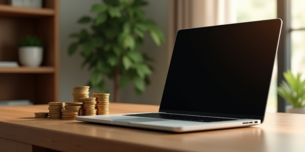 a laptop computer sitting on top of a wooden table next to stacks of coins and stacks of coins on a