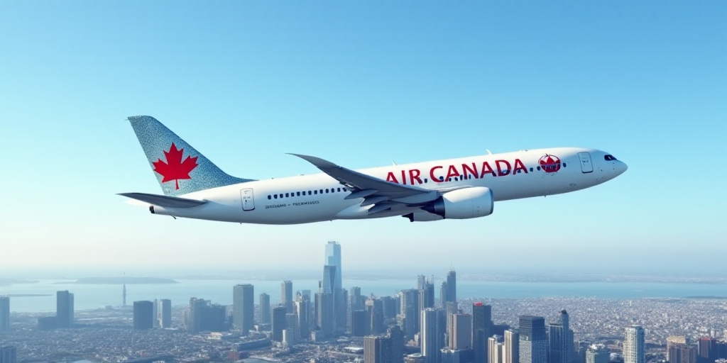 a large air canada airplane flying in the air over a city skyline with buildings and a blue sky in t