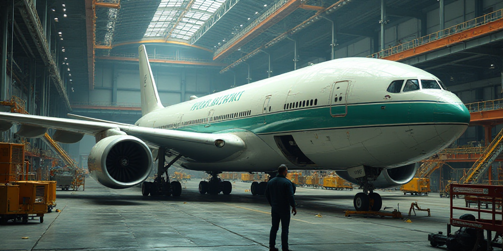 a large airplane is being built in a factory with a lot of machinery around it and a man standing ne