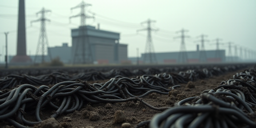 a large amount of black wires are in a field near a factory building and power lines are in the back