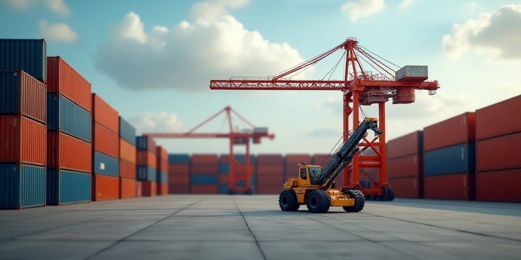 a large amount of containers are stacked up in a large warehouse area with a crane in the background