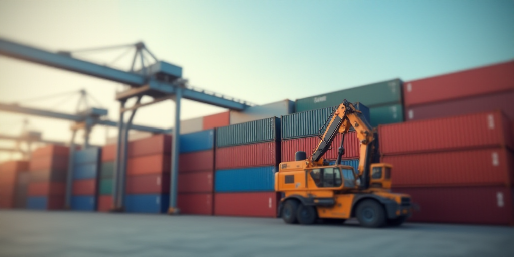 a large amount of containers are stacked up in a large warehouse area with a crane in the background