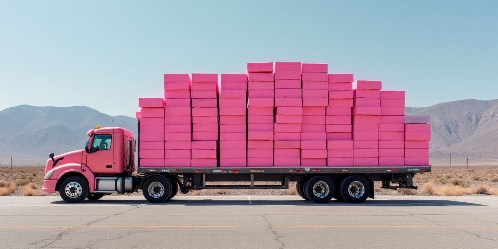 a large amount of pink bricks are stacked on a truck bed in a parking lot in front of a mountain ran