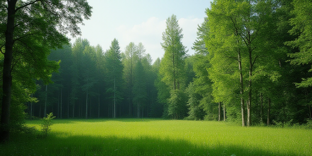 a large area of trees that are very tall and green in the middle of the day, with a few trees in the