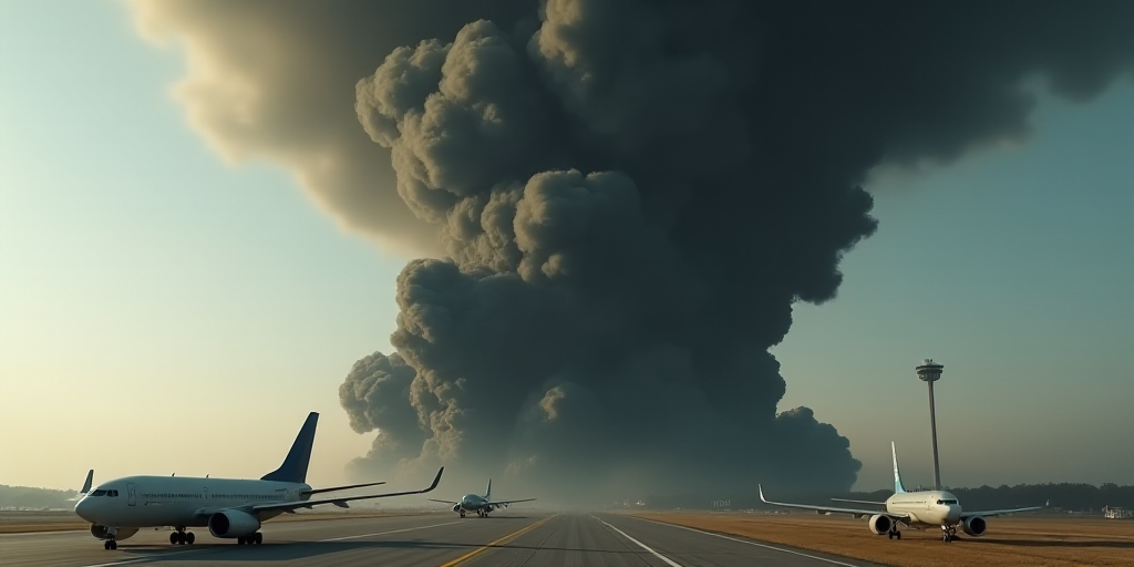 a large black cloud of smoke is coming out of a building on a runway with planes on the ground, Afew