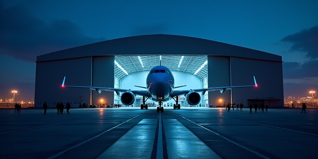 a large blue airplane sitting inside of a hangar next to people walking around it at night time with