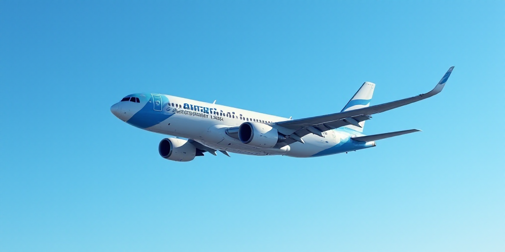 a large blue and white airplane flying in the sky with the word aeroliners argentina on it's side, E