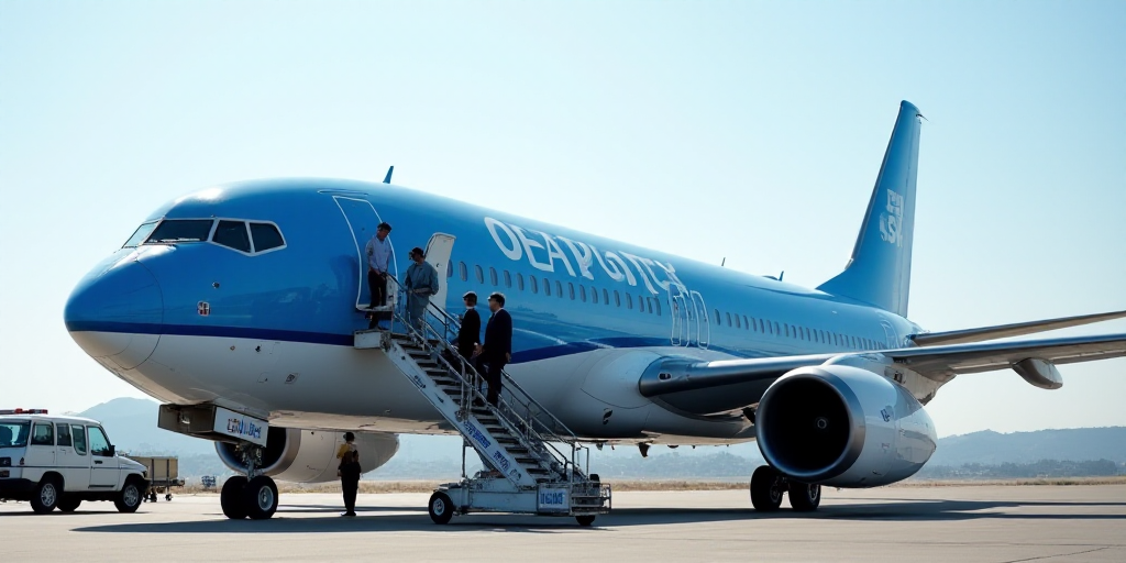 a large blue and white plane with people boarding it and a man standing on the stairs leading to it,