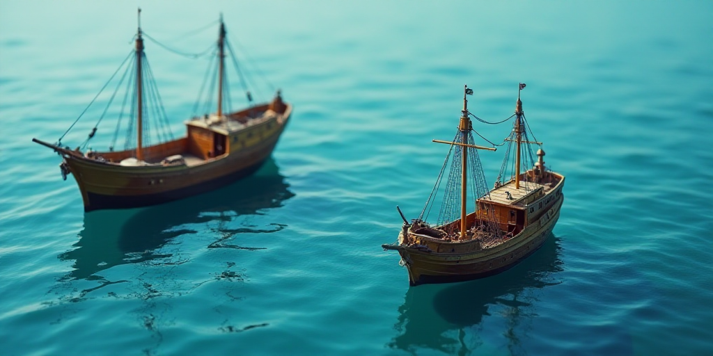 a large boat and a smaller boat in the water together in the ocean together, one boat is in the wate