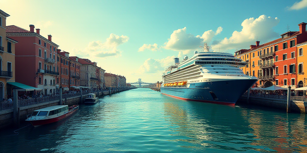 a large boat is docked at a dock in a canal with a cruise ship in the background and a bridge in the