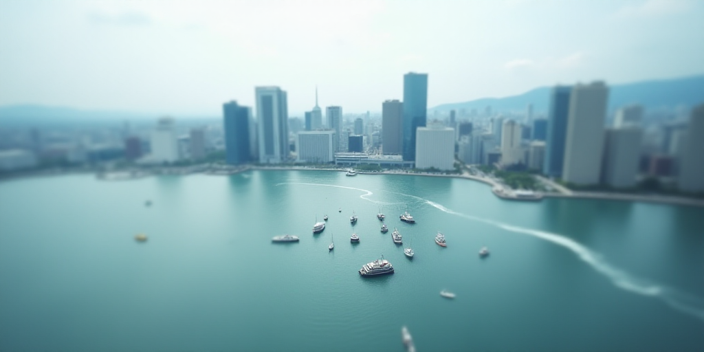 a large body of water with a bunch of boats in it and a city in the background with tall buildings,