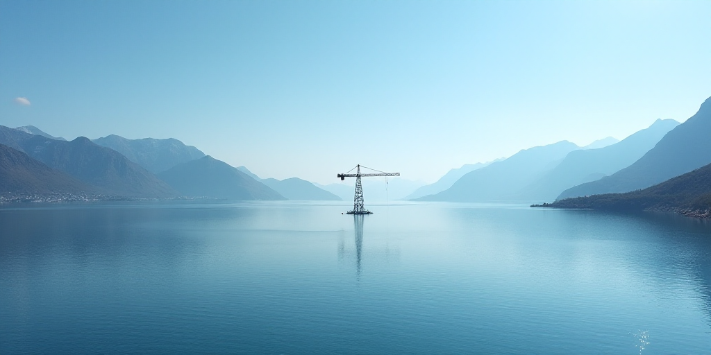 a large body of water with a crane in the middle of it and mountains in the background with a blue s